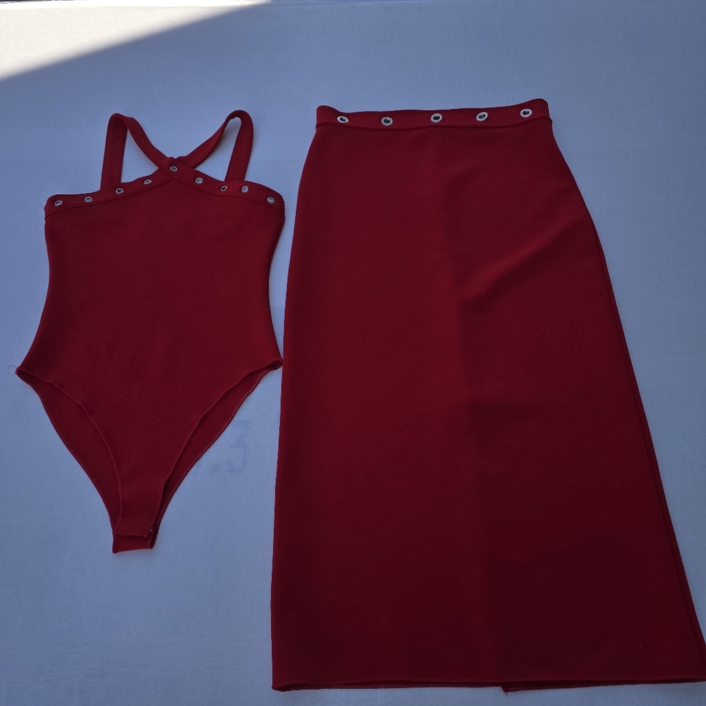 Zara Two Piece Red Bodycon Set | Strappy Bodysuit + Pencil Skirt - Picture 11 of 16